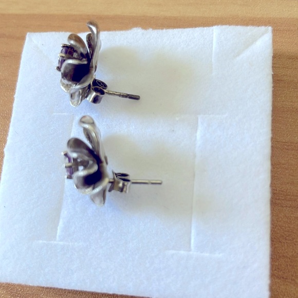 Sterling Silver Genuine Amethyst Flower Earrings - Picture 9 of 9